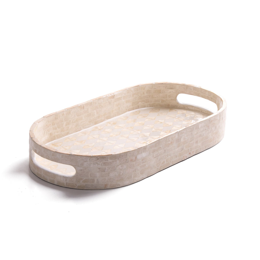 Beige mother of pearl tiled tray with handles on a white background